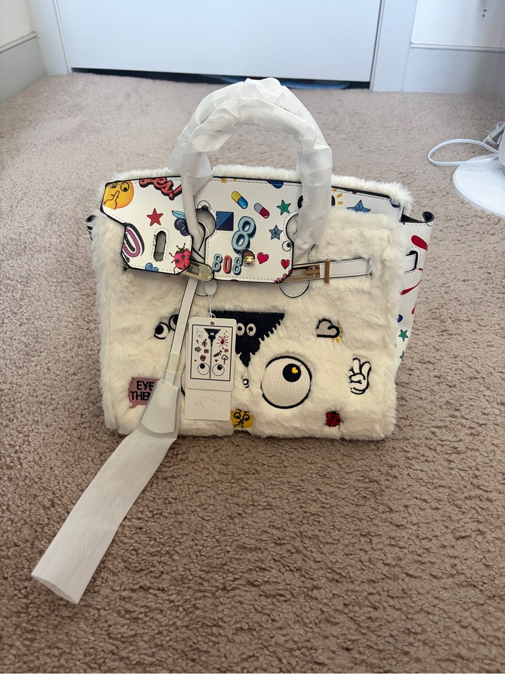 Cream Faux-Fur Graphic Accent Tote Bag